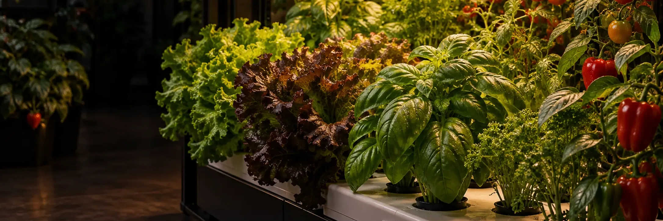 Basil, lettuce and herbs growing under warm lights in a dark home cabinet.