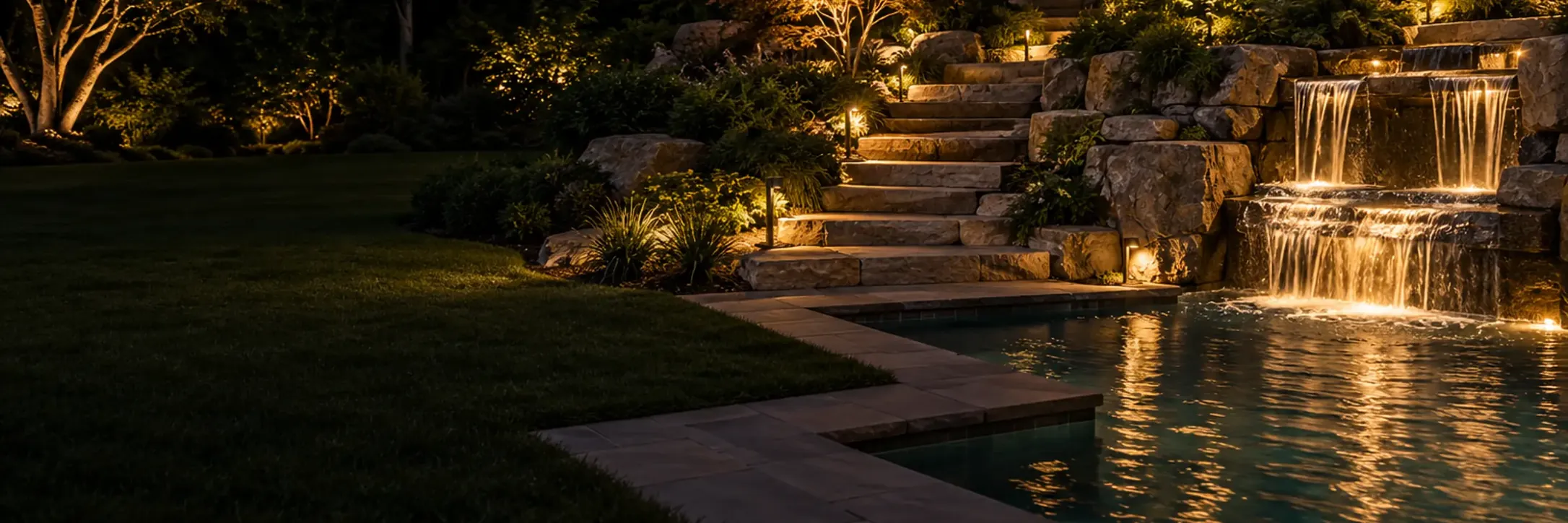 Warm path lights on stone steps beside a lit waterfall spilling into a pool at night.