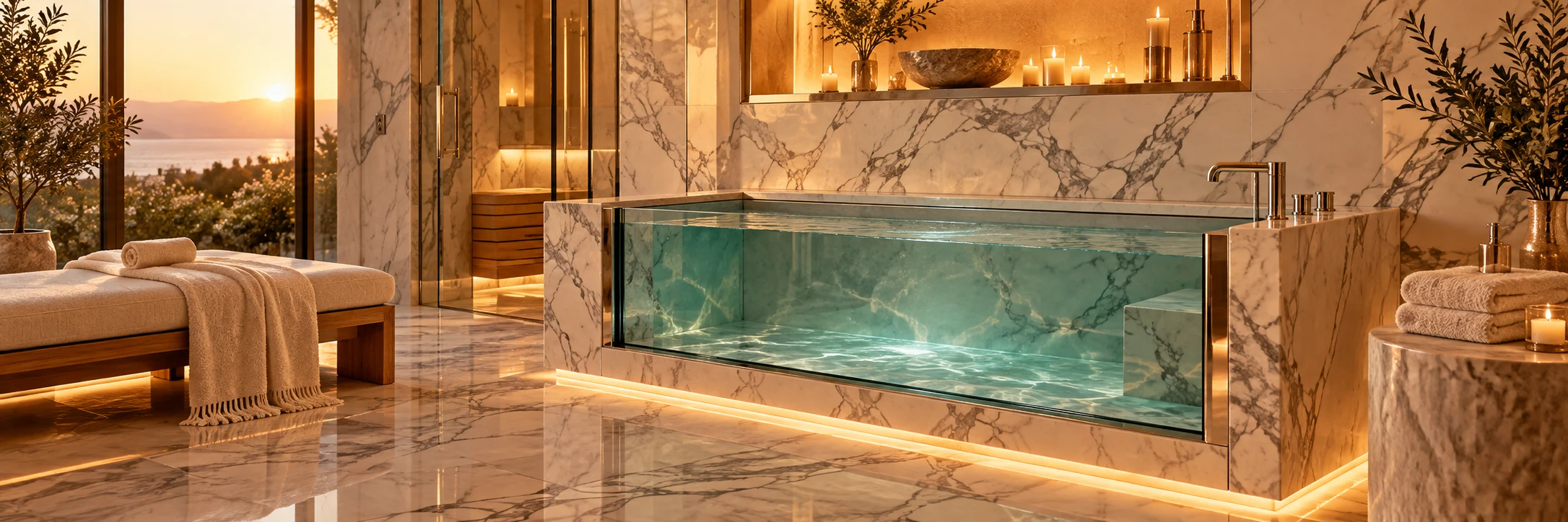 A cold plunge in a warm marble spa room with polished metal fixtures.