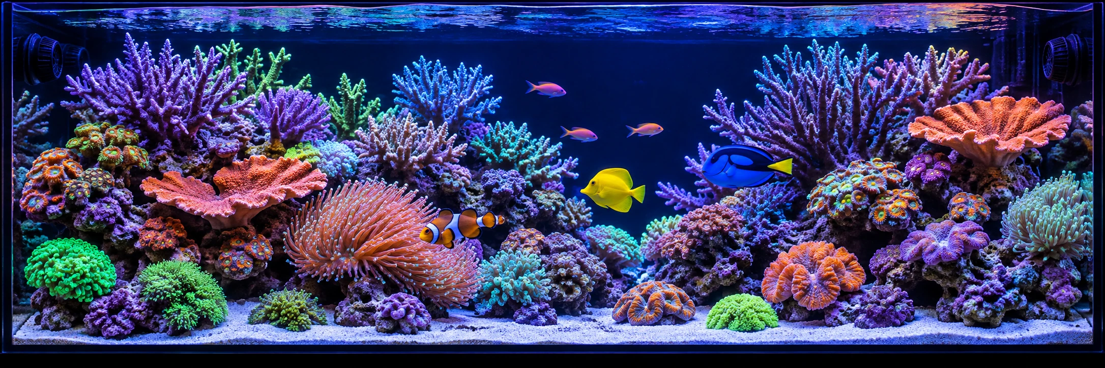 A glowing reef aquarium filled with coral and fish.