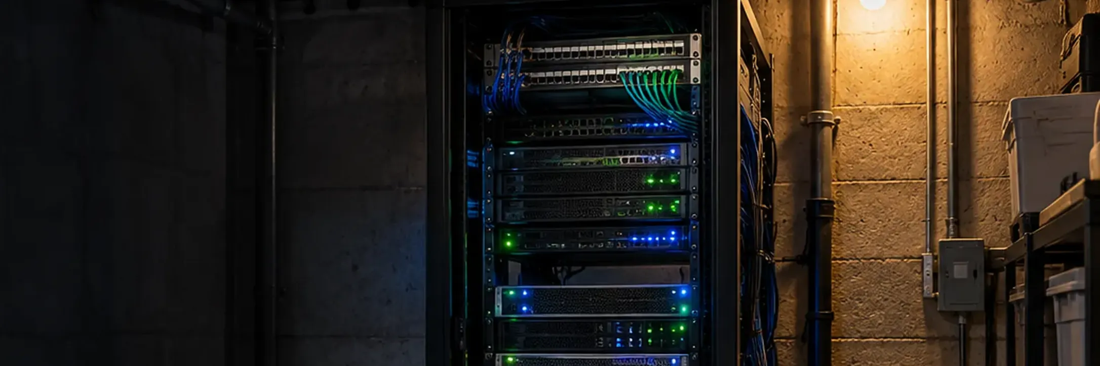A homelab rack glowing with green and blue status lights in a dark basement.