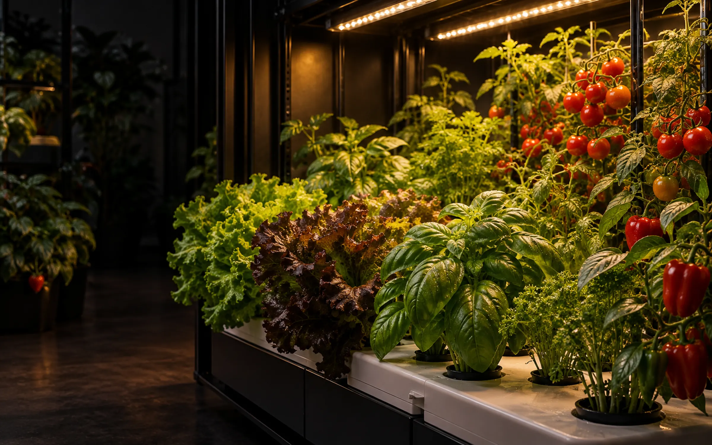 Lettuce, basil, tomatoes and peppers growing under warm lights in a dark home hydroponic cabinet