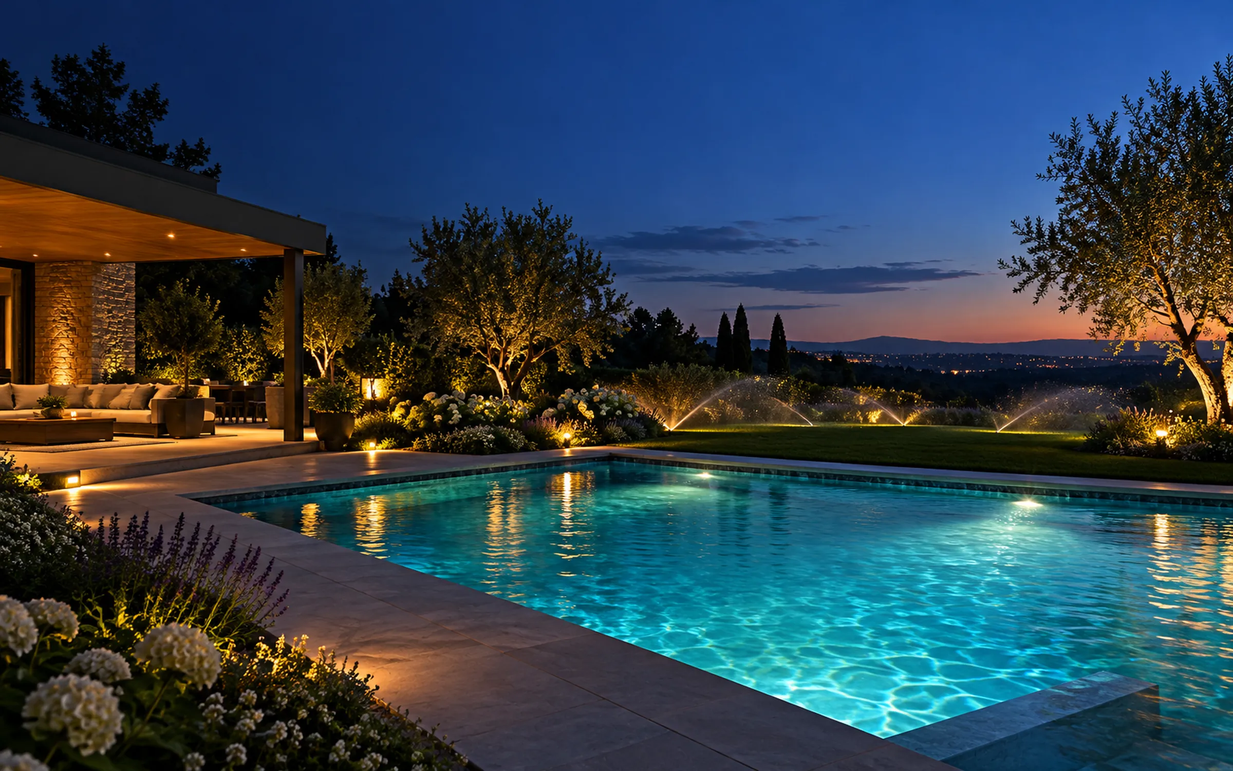 A turquoise pool at dusk with sprinklers watering the lawn beyond