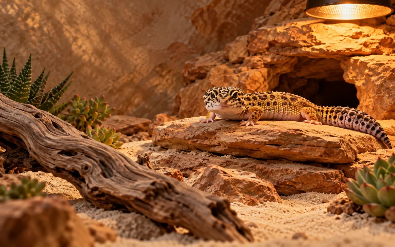 Leopard gecko resting on sandstone beside a cave, with succulents, driftwood and a glowing basking lamp